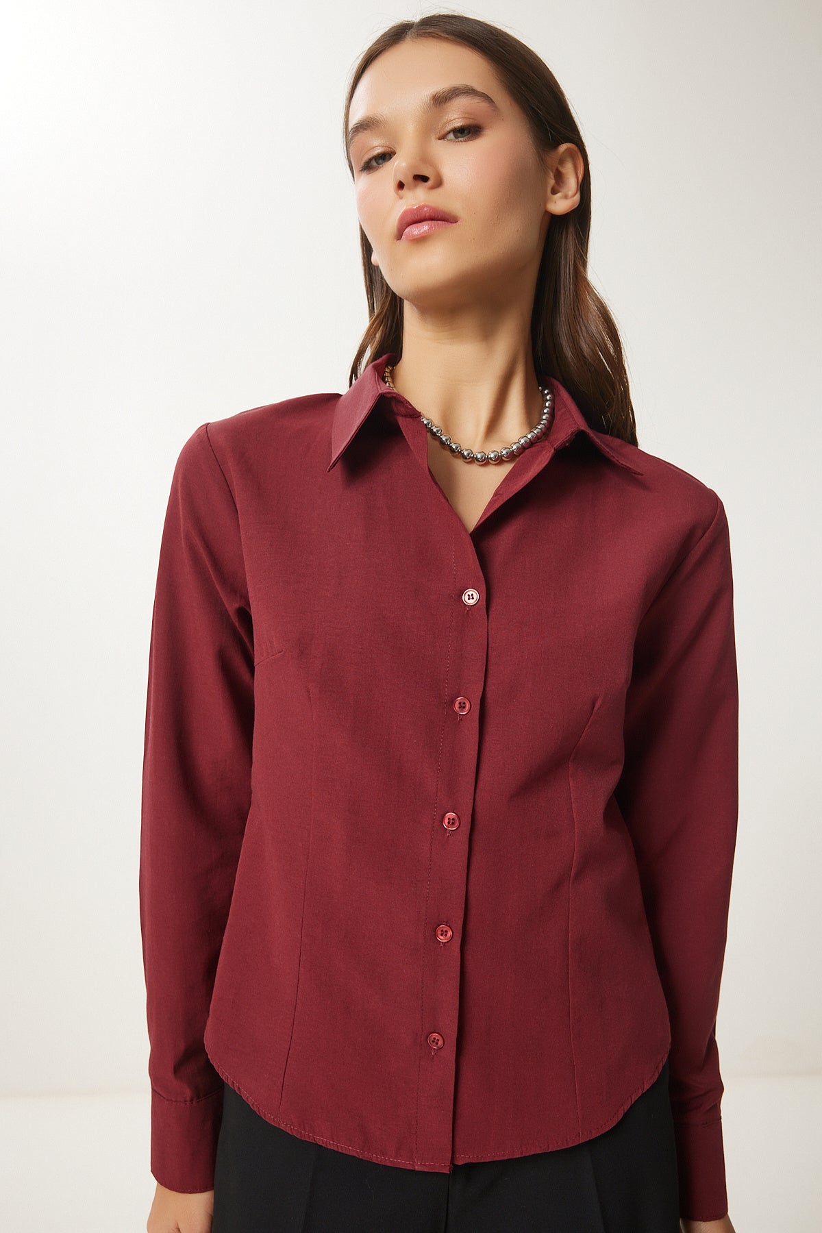 Bordo Düğmeli Basic Gömlek RQ00001
