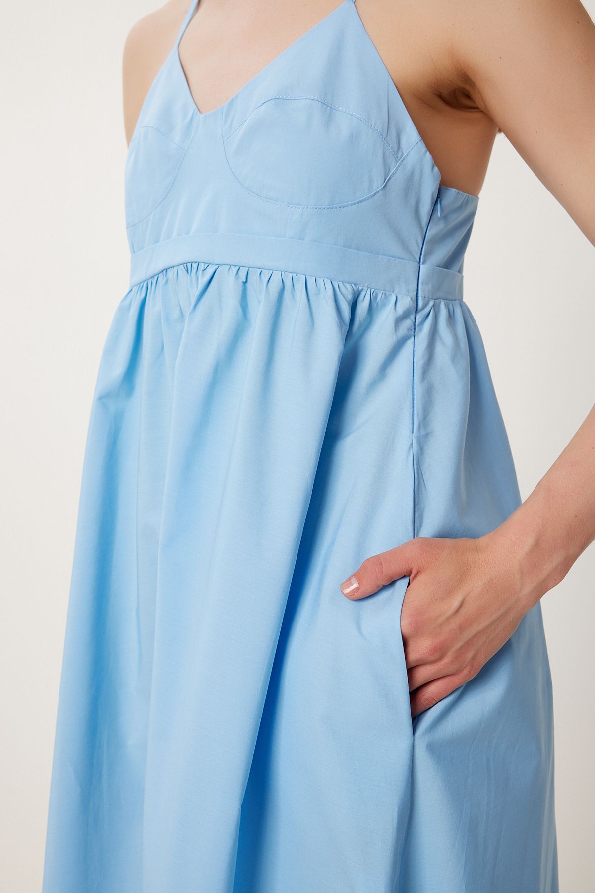 Gök Mavi Askılı Yazlık Midi Poplin Elbise FK00037