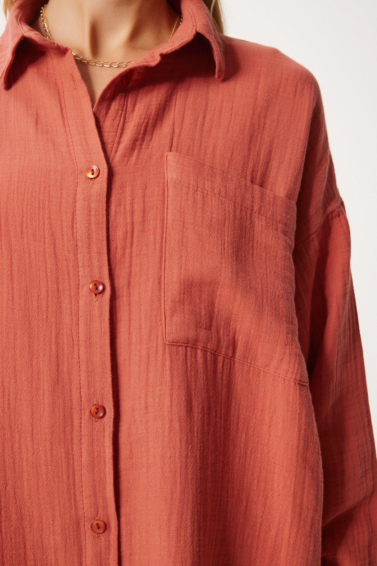 Şeftali Oversize Basic Müslin Gömlek  MX00150