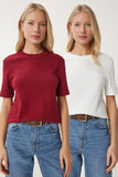 Bordo Beyaz 2'Li Paket Pamuklu Basic Örme T-Shirt AG00002