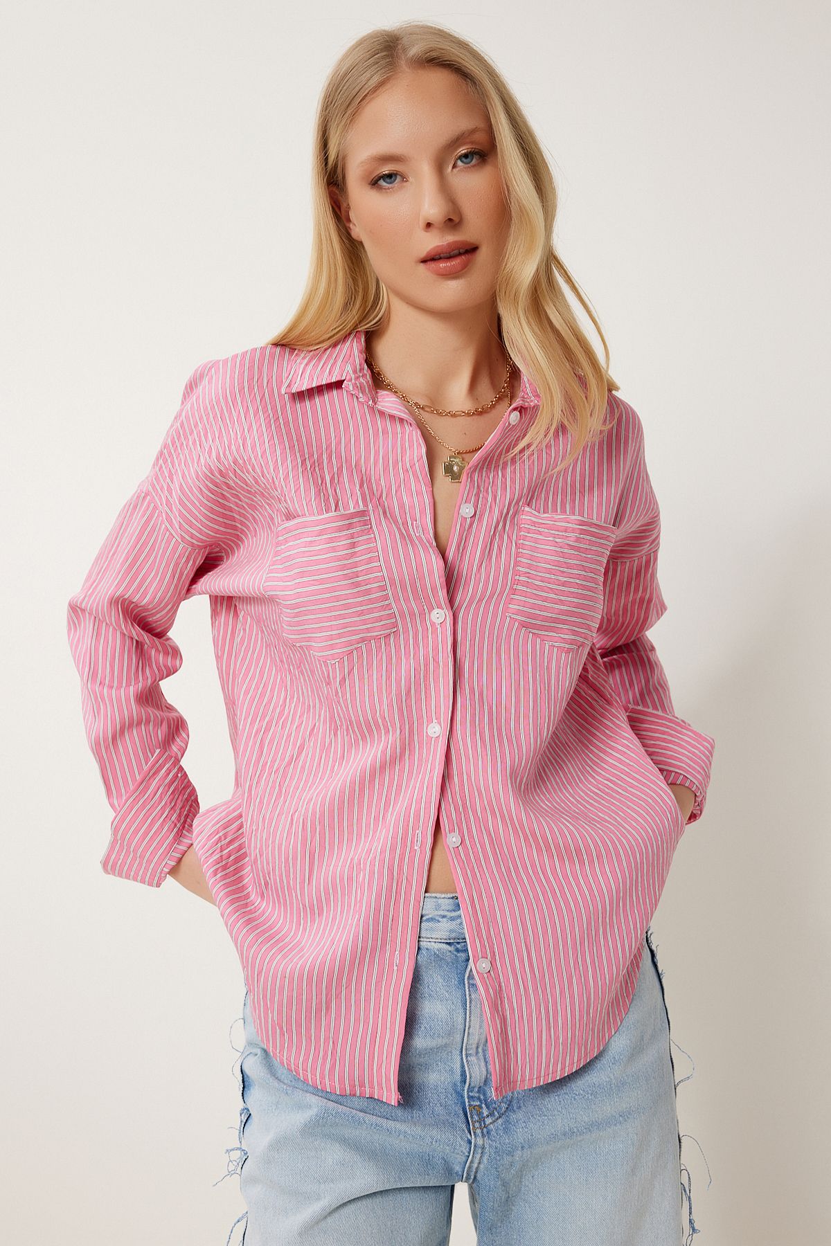 Pembe Overisize Kırışık Dokuma Gömlek AN00249