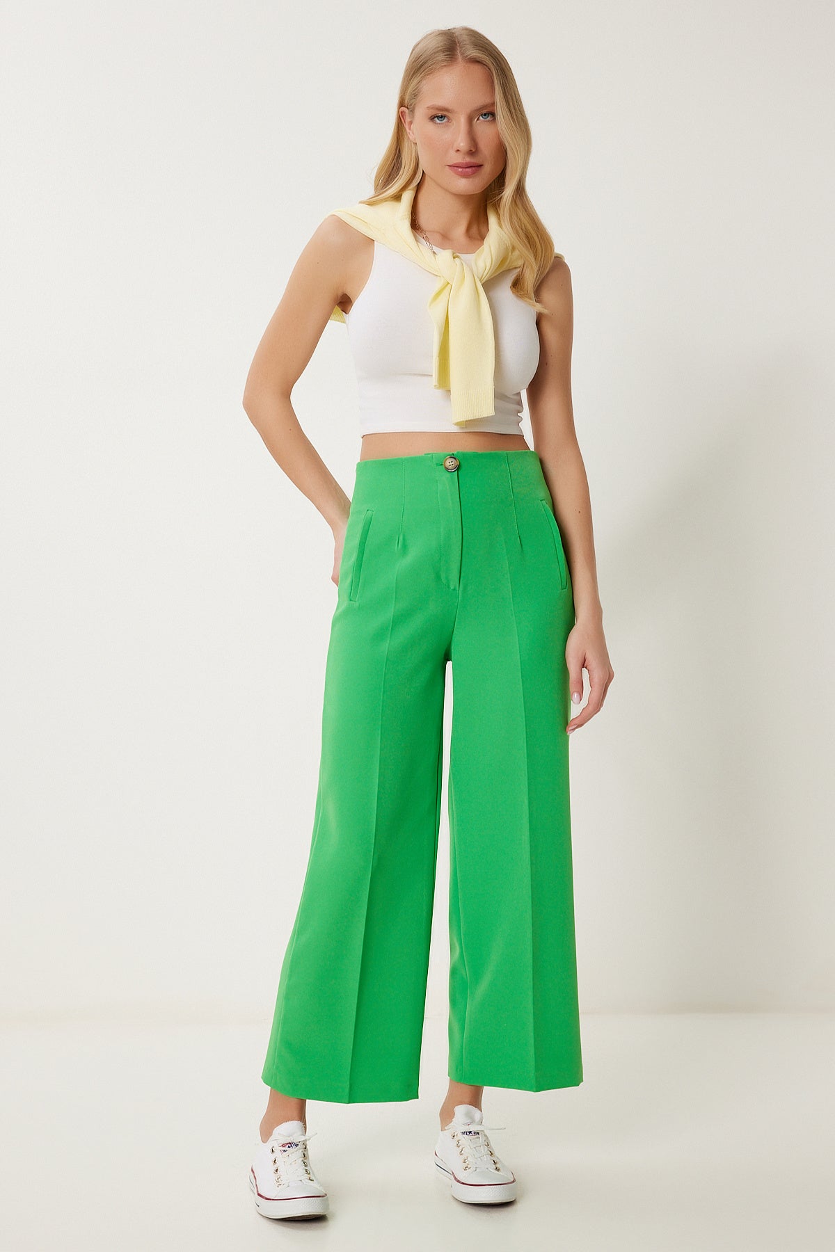 Yeşil Orta Bel Culotte Dokuma Pantolon NS00435