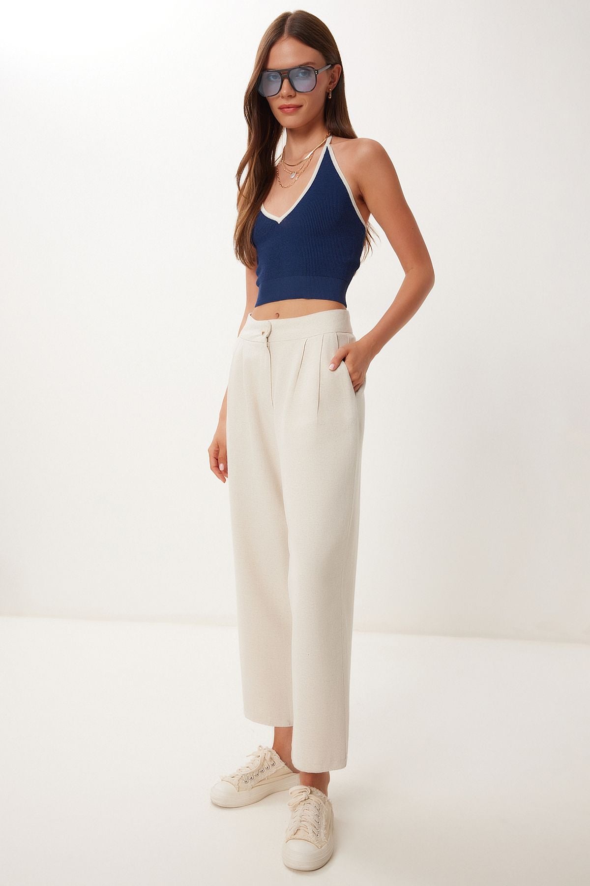 Krem Cepli Keten Şalvar Pantolon BV00164