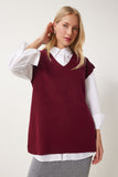 Bordo V Yaka Kuşaklı Uzun Triko Süveter US00185
