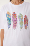 Beyaz Boncuk Detaylı Baskılı Örme T-Shirt BW00003