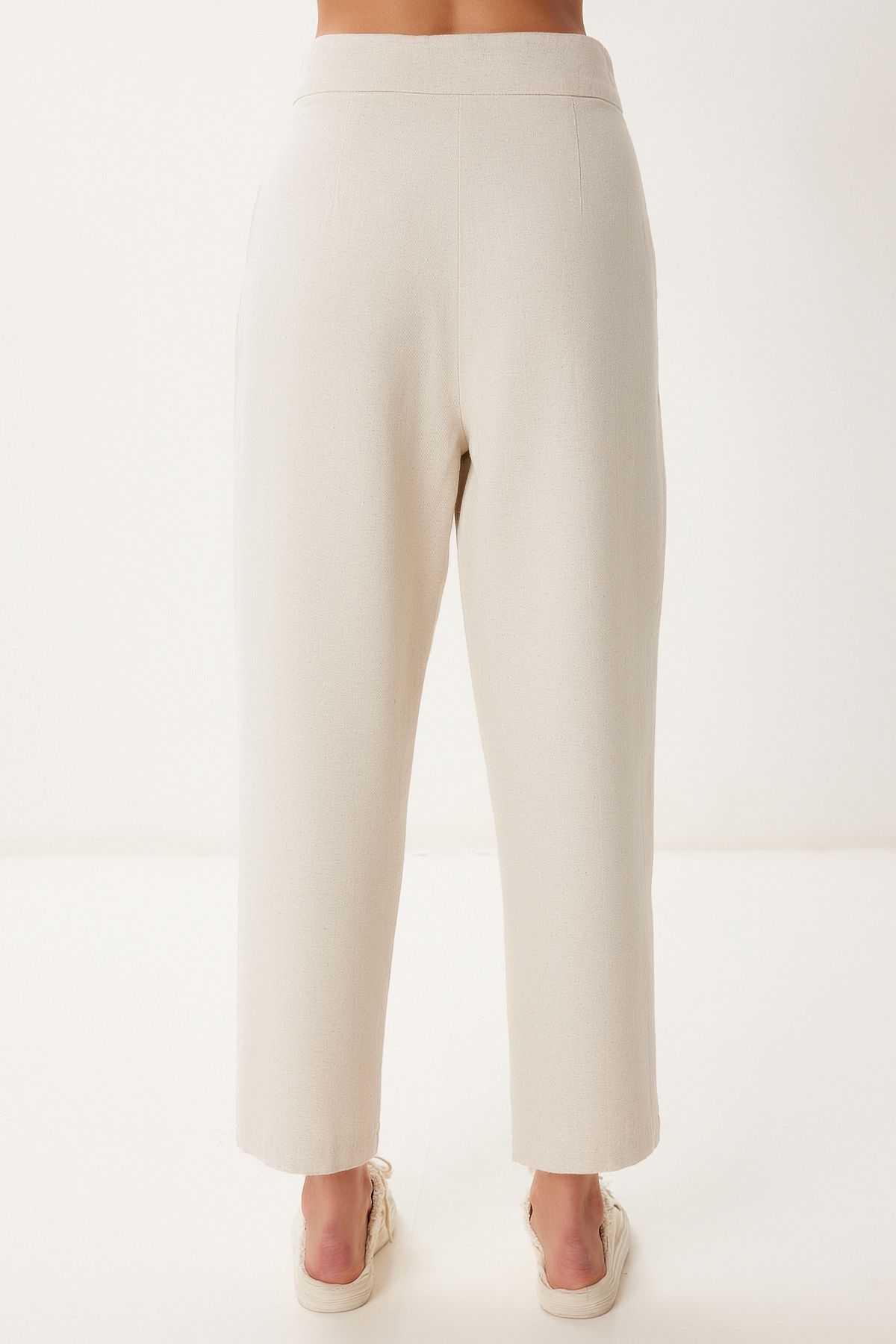 Krem Cepli Keten Şalvar Pantolon BV00164