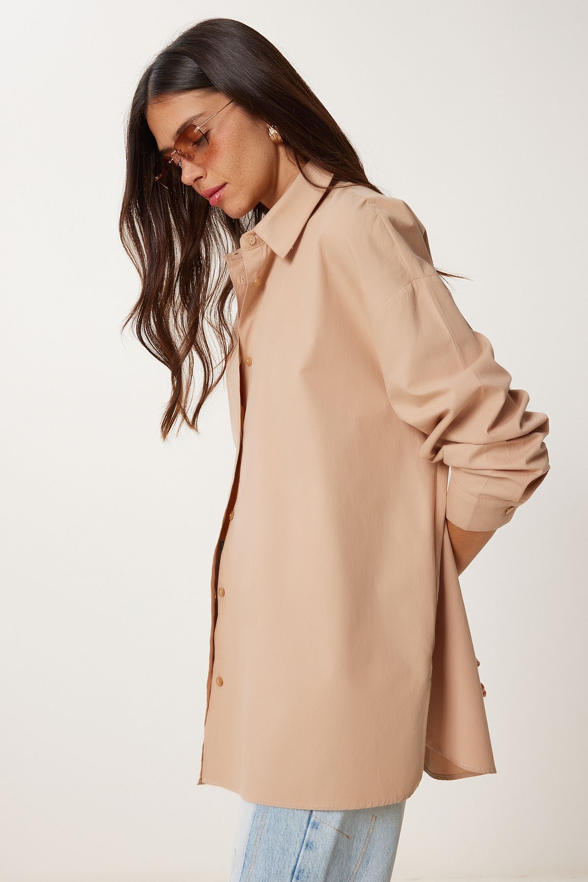 Bej Oversize Poplin Gömlek WF00142