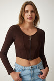 Kahverengi Fermuarlı Fitilli Crop Bluz SF00006