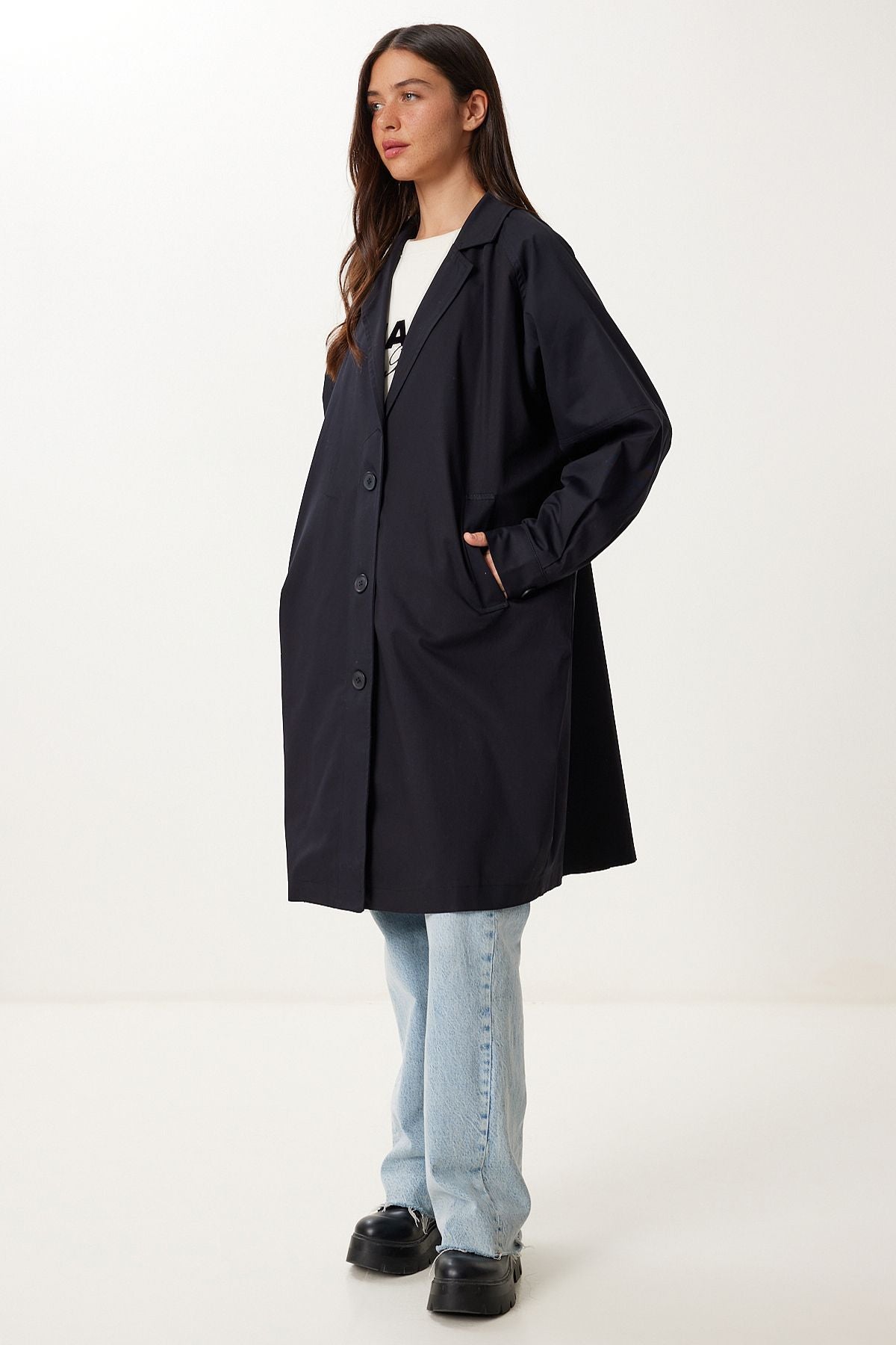 Siyah Oversize Dokuma Trençkot FG00054