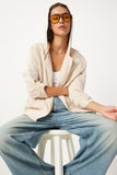 Krem Kapüşonlu Oversize Keten Ceket GP00007