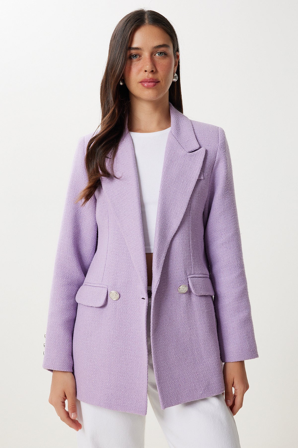 Lila Vatkalı Şık Düğmeli Tüvit Blazer Ceket XL00005