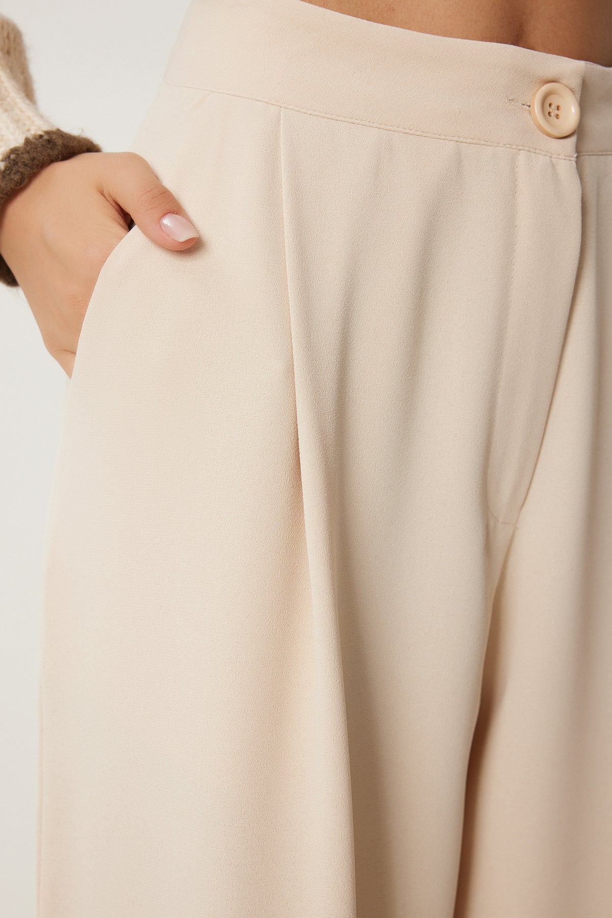 Krem Cepli Dokuma Palazzo Pantolon UL00052