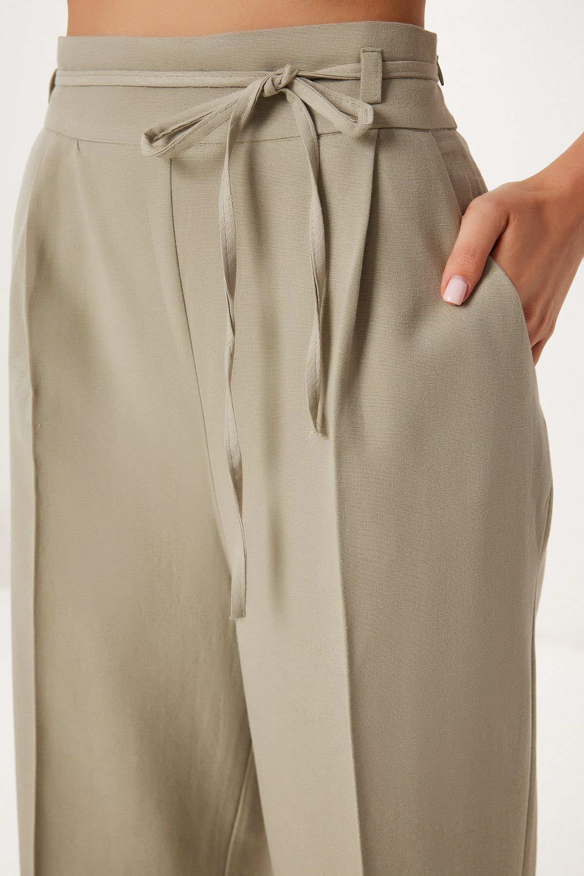 Çağla Yeşili Keten Crop Bluz Pantolon Takım BV00138