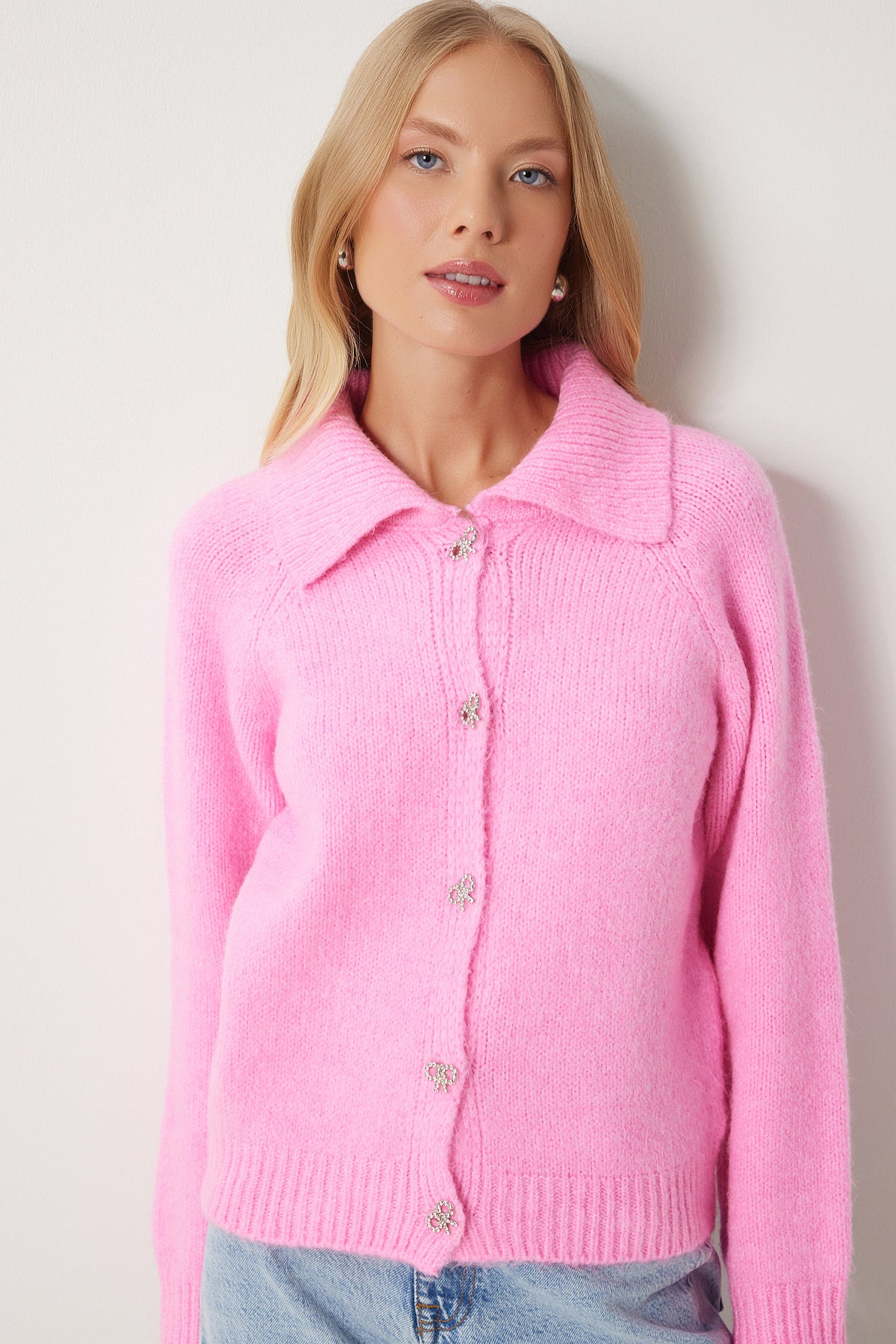 Pembe Şık Fiyonk Taş Düğmelı Polo Yaka Hırka PF00094