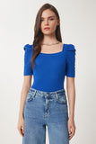 Koyu Mavi Kare Yaka Fitilli Crop Bluz GT00007