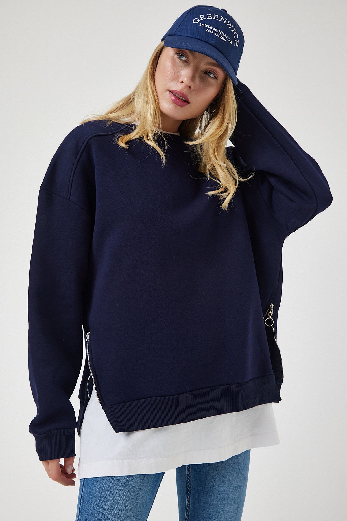 Lacivert Fermuar Detaylı Şardonlu Örme Sweatshirt UB00148