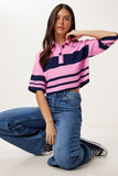 Pembe Lacivert Çizgili Crop Triko Kazak MX00242