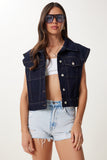 Koyu Mavi Kapaklı Cepli Crop Denim Yelek RV00216