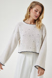 Krem İncili Ajurlu Mevsimlik Crop Triko Kazak MC00256