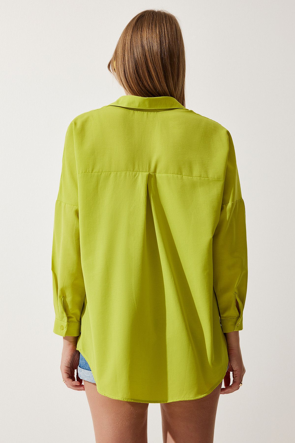 Yağ Yeşili Oversize Uzun Basic Gömlek  DD00842