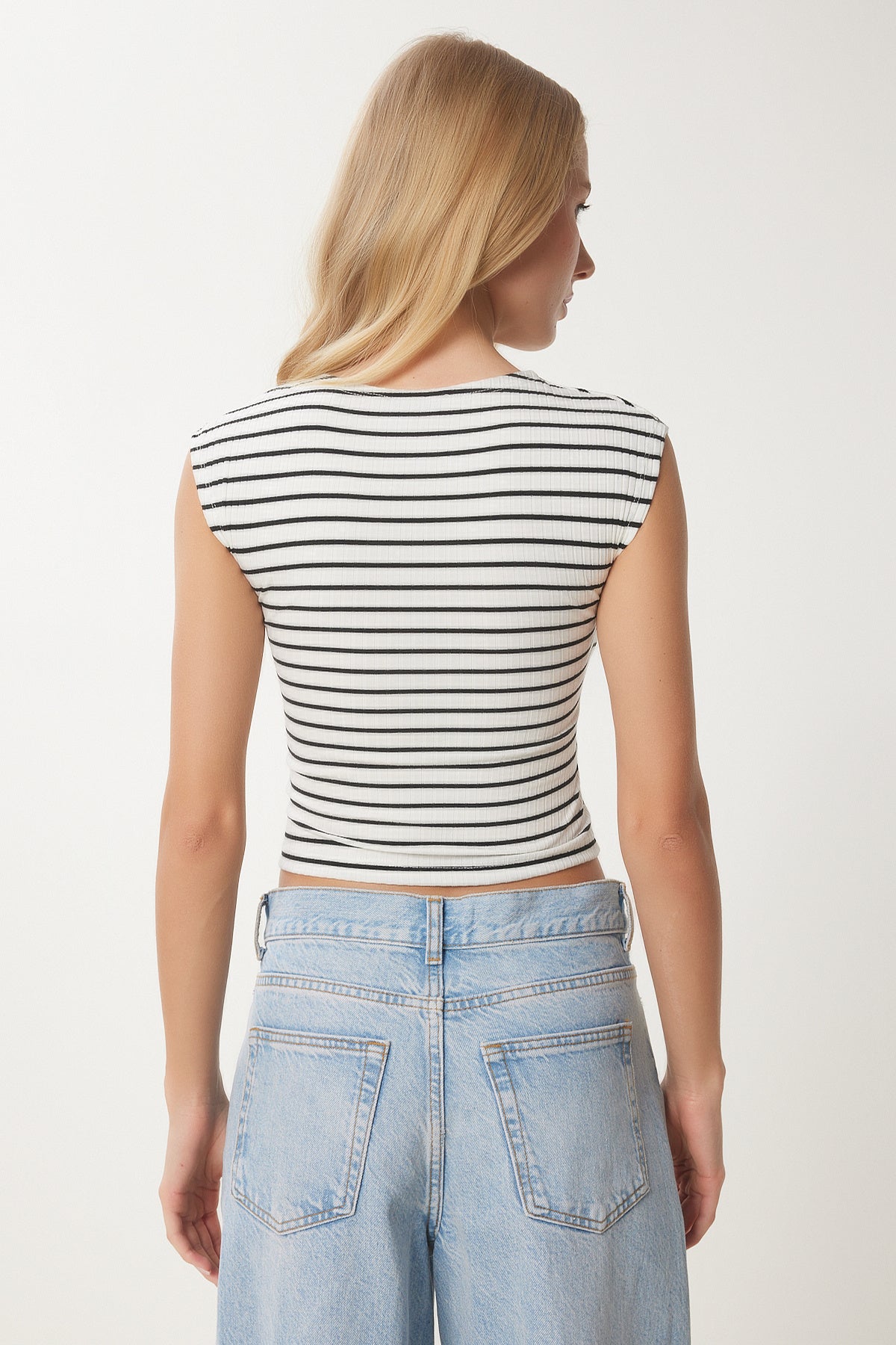 Kemik Siyah Çizgili Fitilli Örme Crop  Bluz UB00342