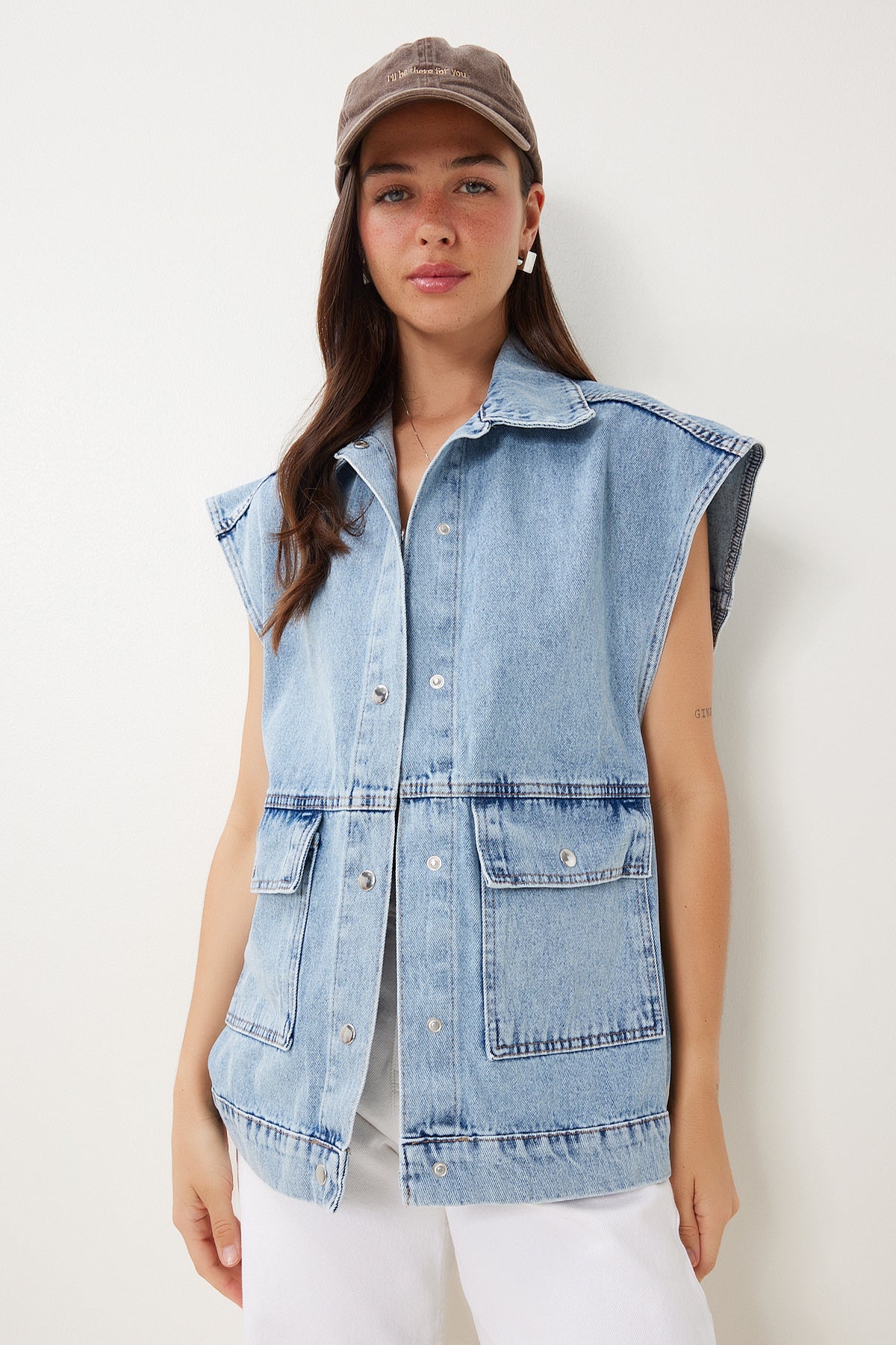 Açık Mavi Polo Yaka Cepli Denim Yelek RV00213