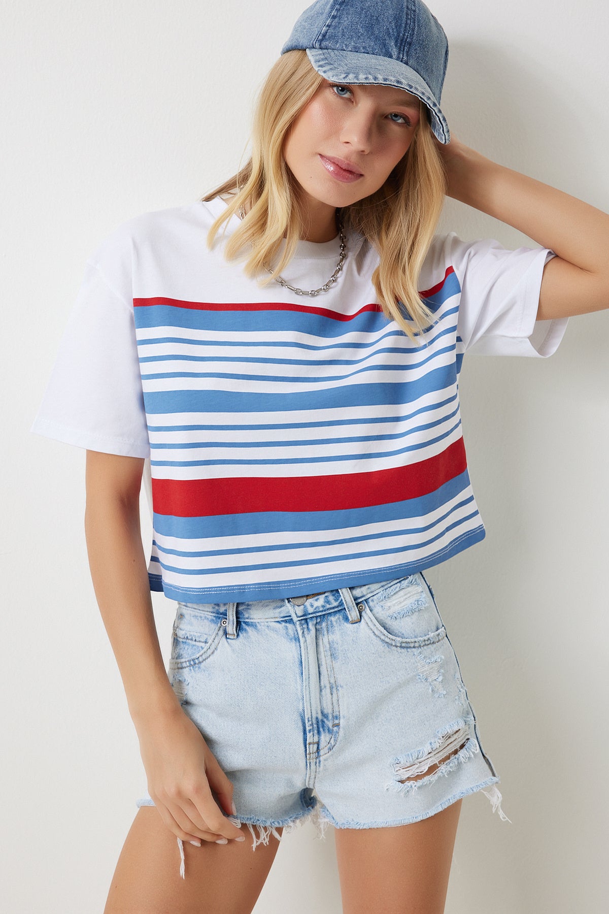 Beyaz Mavi Bisiklet Yaka Çizgili Örme T-Shirt NJ00151