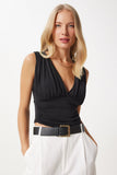Siyah Derin V Yakalı Crop Sandy Örme Bluz BF00039