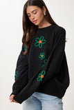 Siyah Çiçek Nakışlı Oversize Triko Kazak DD01262