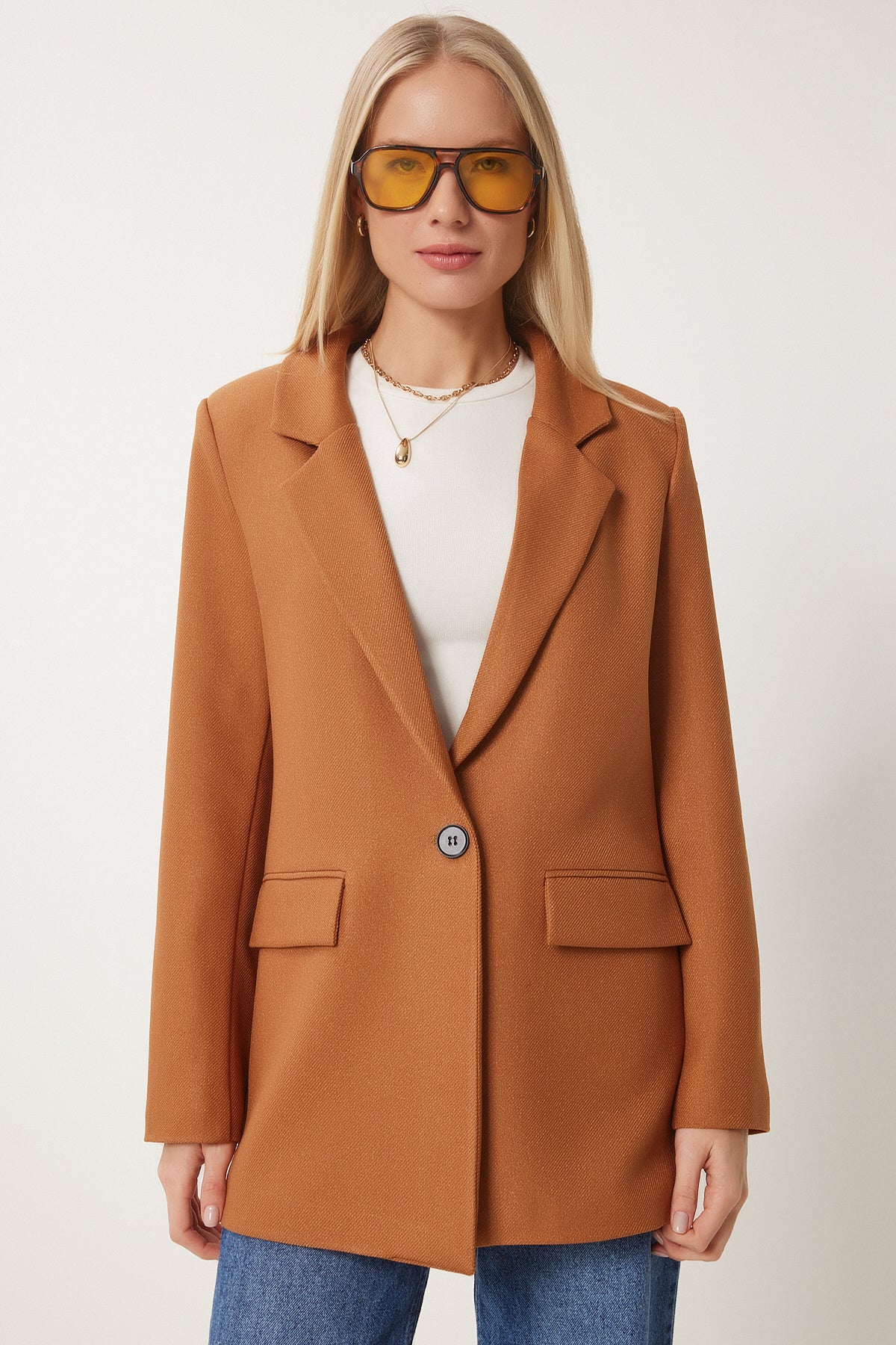 Taba Vatkalı Dokuma Blazer Ceket HL00005
