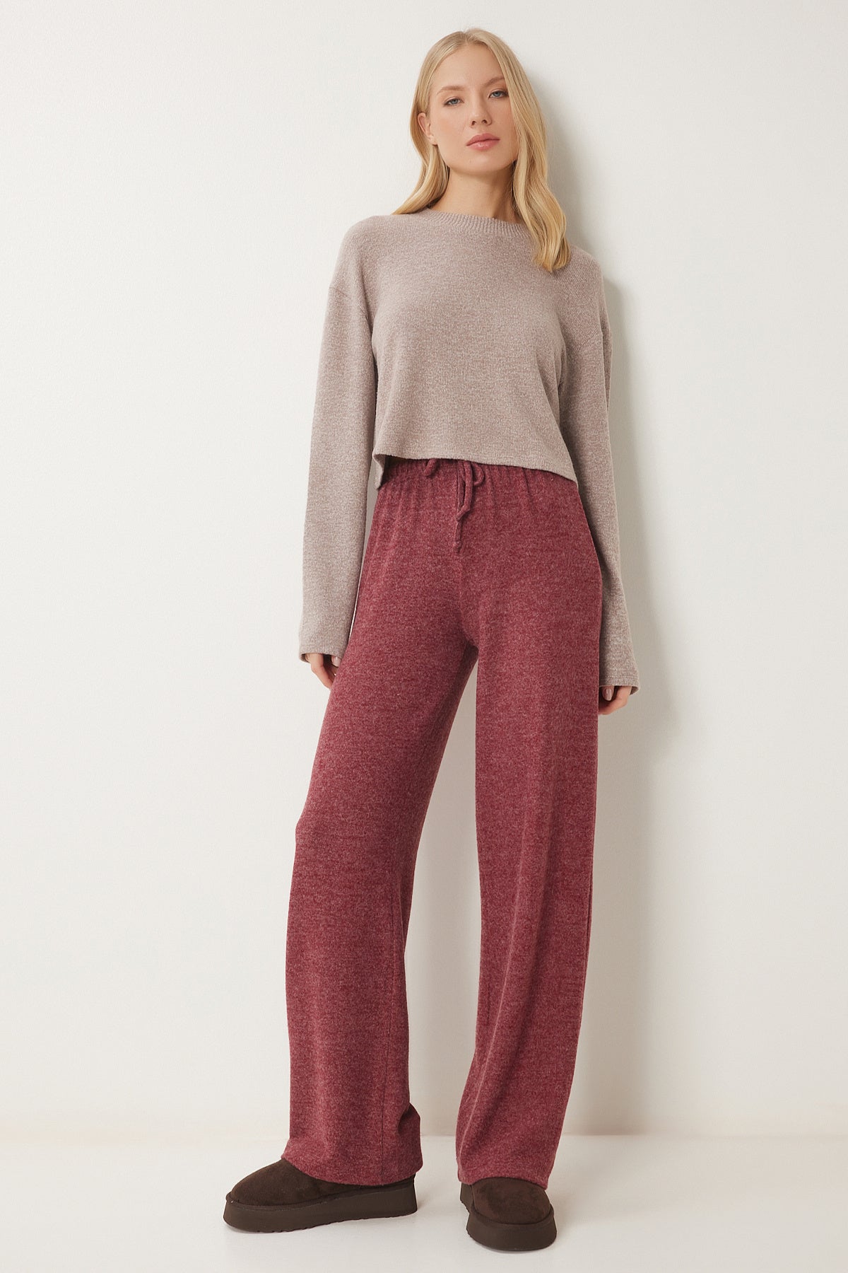 Bordo Yumoş Bol Örme Pantolon UB00295