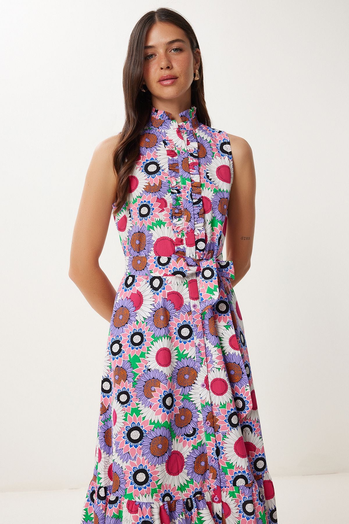 Mor Pembe Çiçek Desenli Midi Elbise FK00040