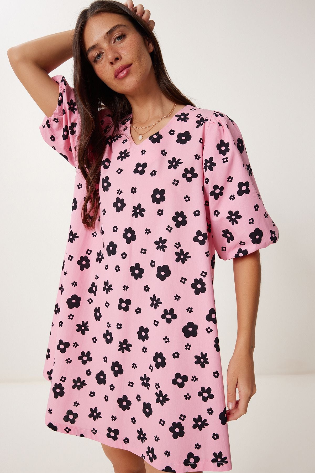 Pembe Siyah Balon Kollu Desenli Poplin Elbise RC00157