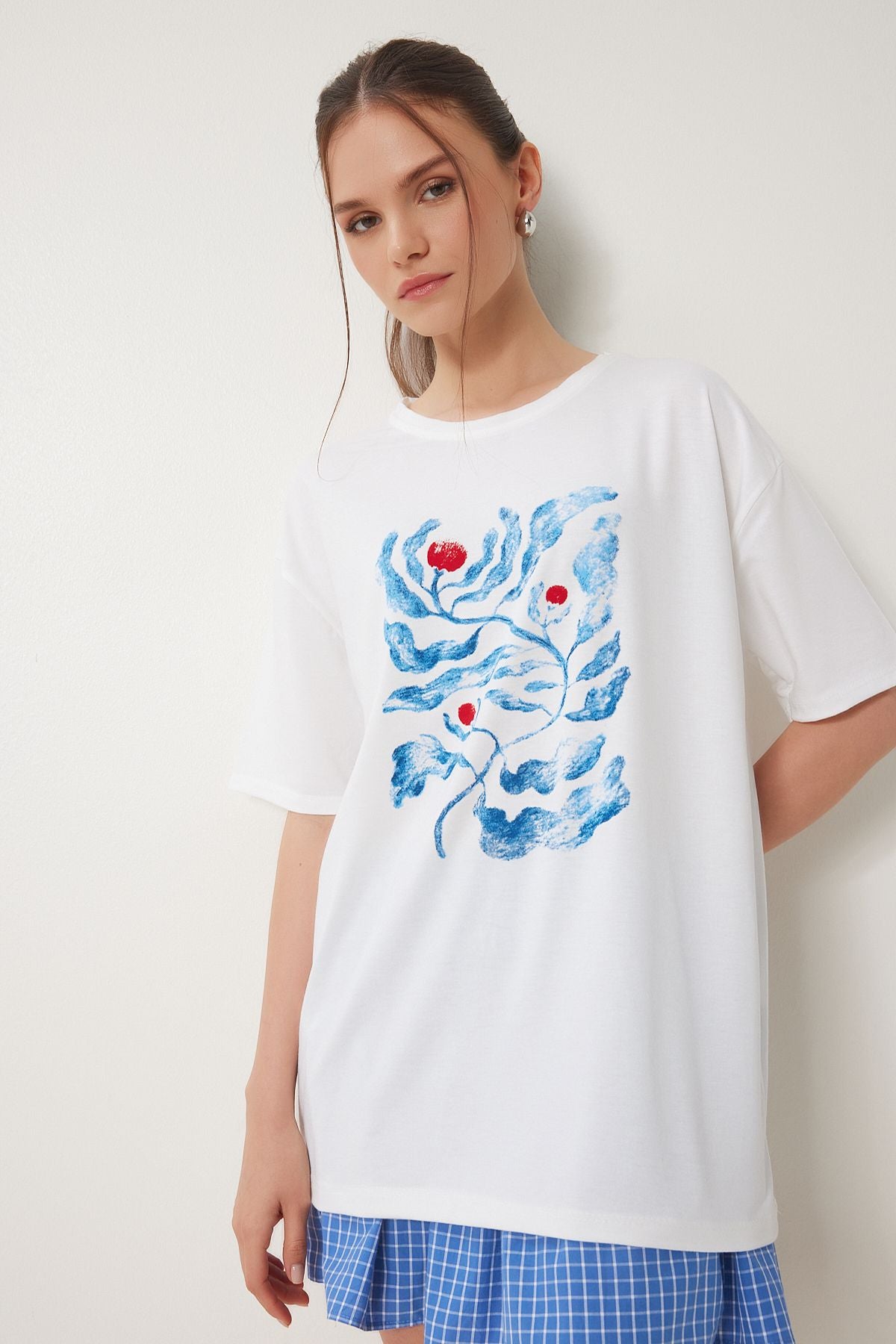 Ekru Baskılı Oversize Örme T-Shirt ZV00292