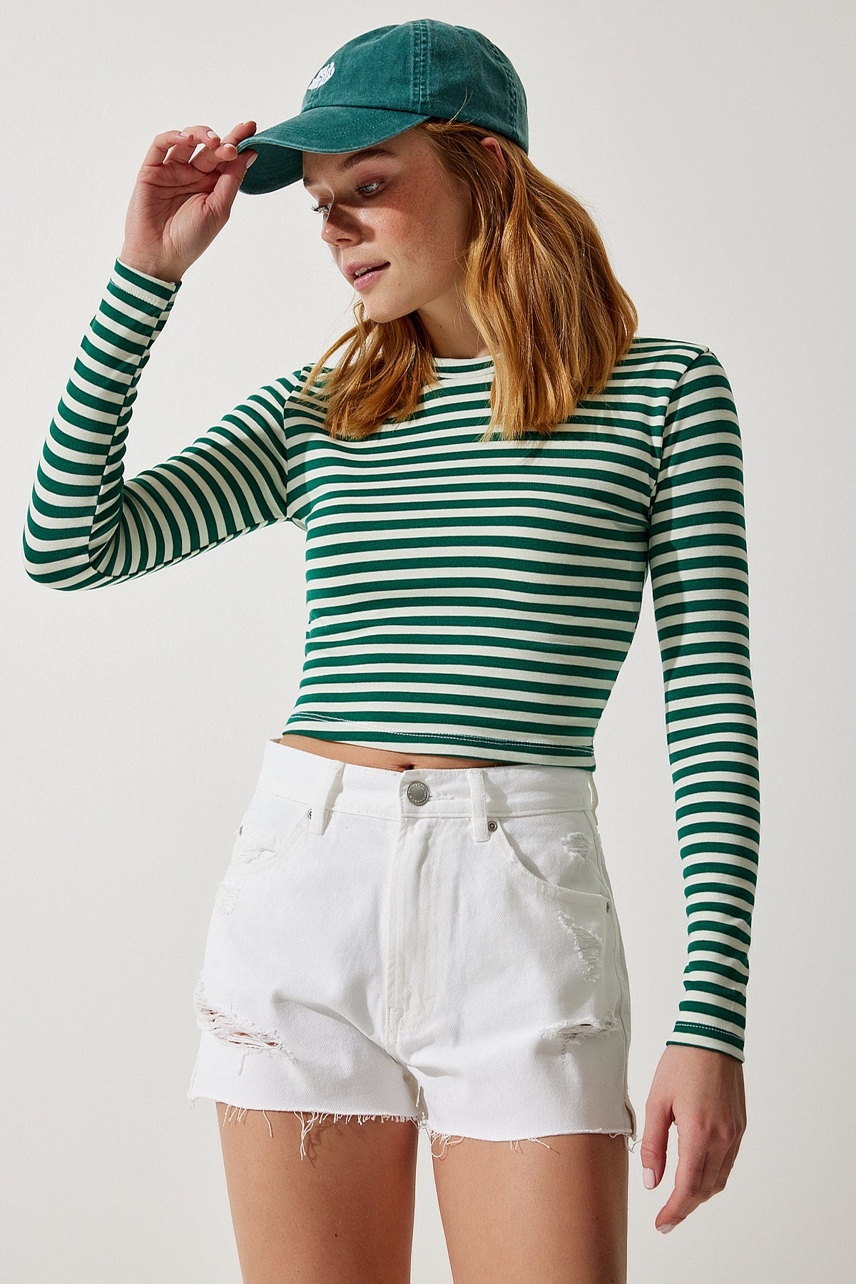 Koyu Yeşil Bisiklet Yaka Çizgili Crop Örme Bluz CR00424