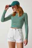 Koyu Yeşil Bisiklet Yaka Çizgili Crop Örme Bluz CR00424