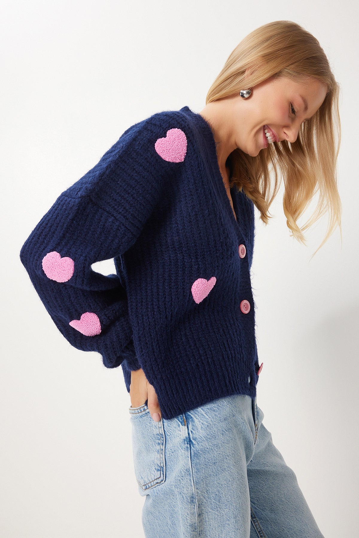Lacivert Kalp Motifli Oversize Triko Hırka PF00084