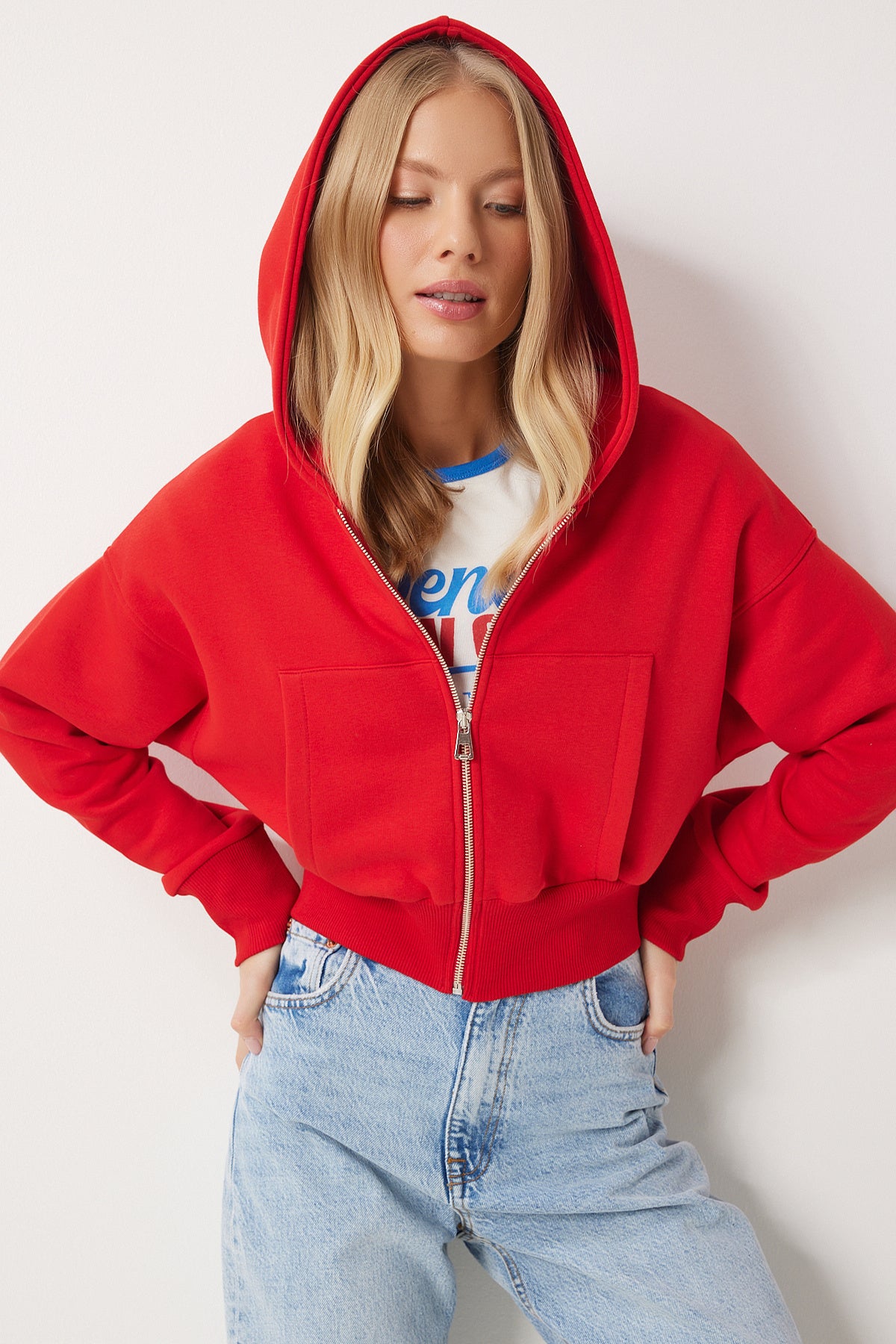 Kırmızı Kapüşonlu Şardonlu Fermuarlı Sweatshirt OW00051