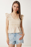 Krem Dantel Detaylı Volanlı Crop Keten Bluz TP00093