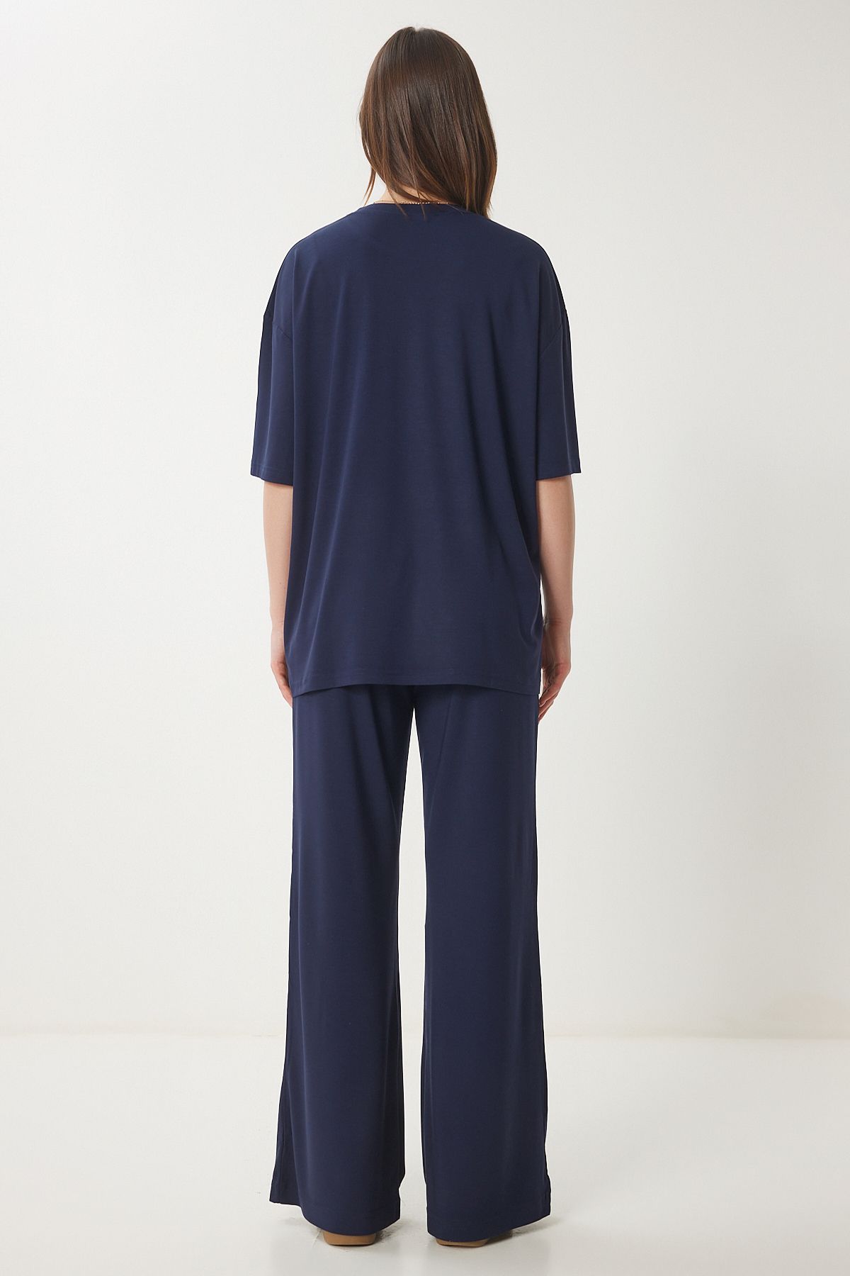 Lacivert Oversize Örme T-Shirt Pantolon Takım FN03452