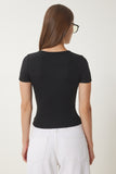 Siyah Çıtçıtlı Basic Örme Crop Bluz FW00004