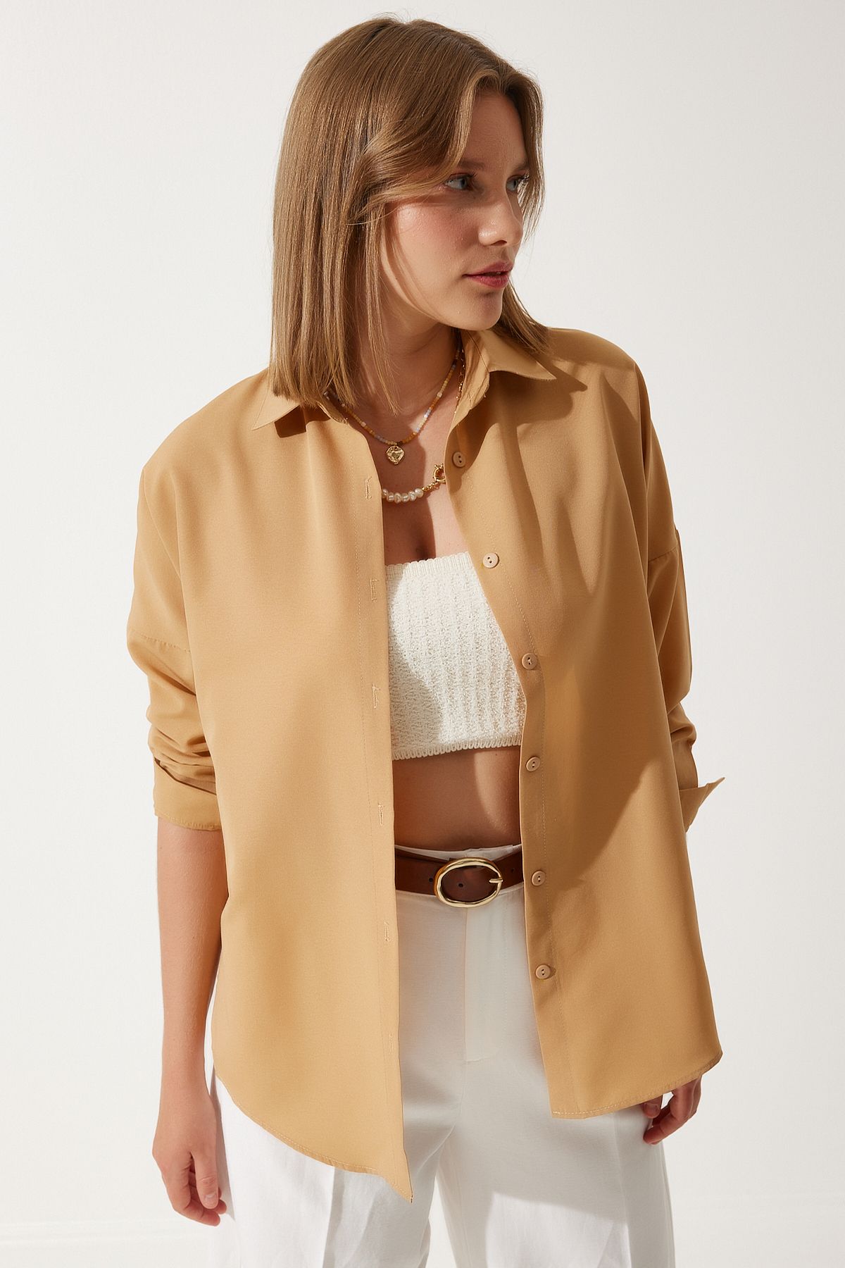 Camel Oversize Uzun Basic Gömlek  DD00842