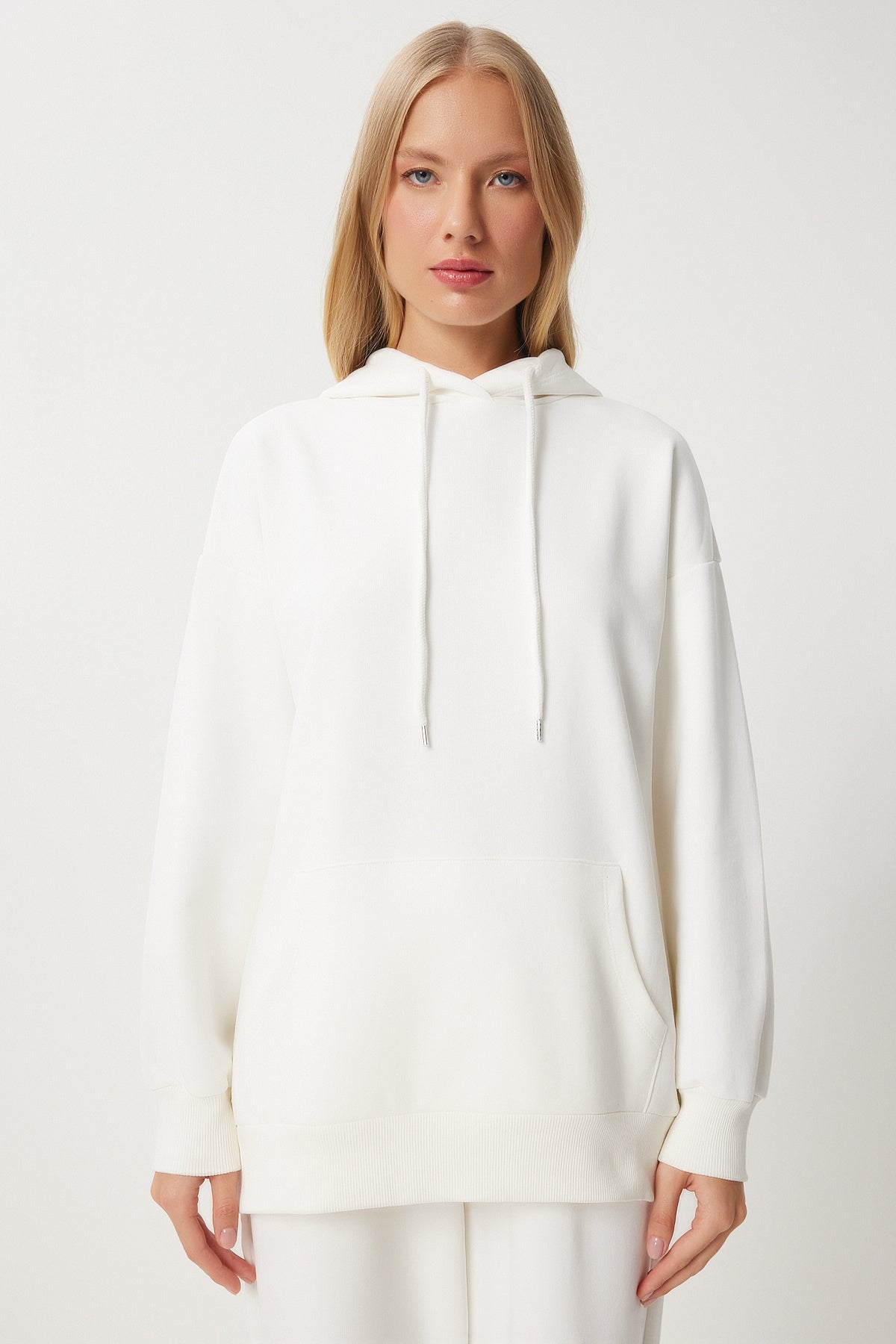 Ekru Kapüşonlu Sweatshirt Jogger Oversize Örme Eşofman Takımı PYS0027
