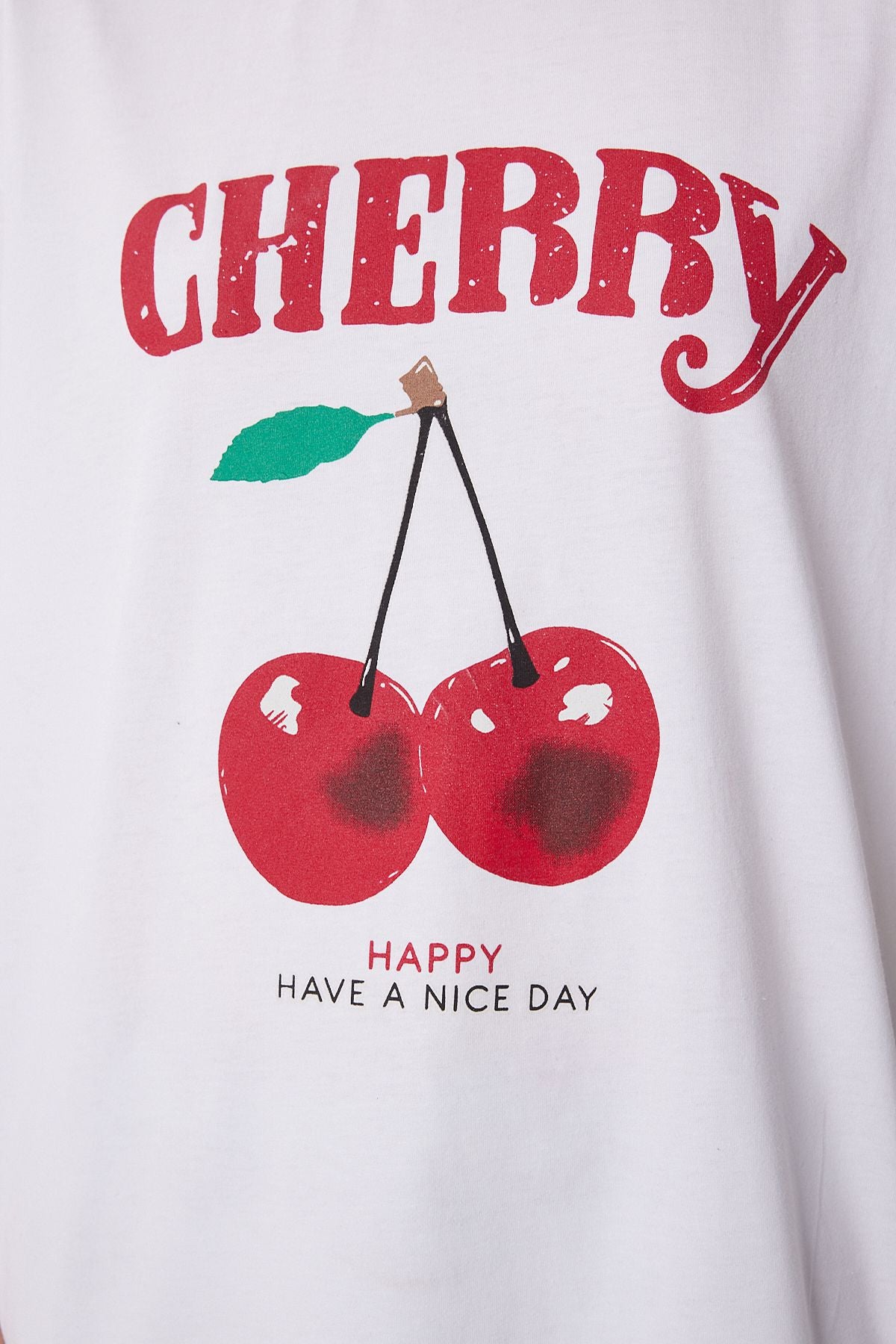 Beyaz Kiraz Baskılı Pamuklu Örme T-Shirt ZV00301