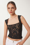 Siyah Dantelli Esnek Crop Bluz KH00095