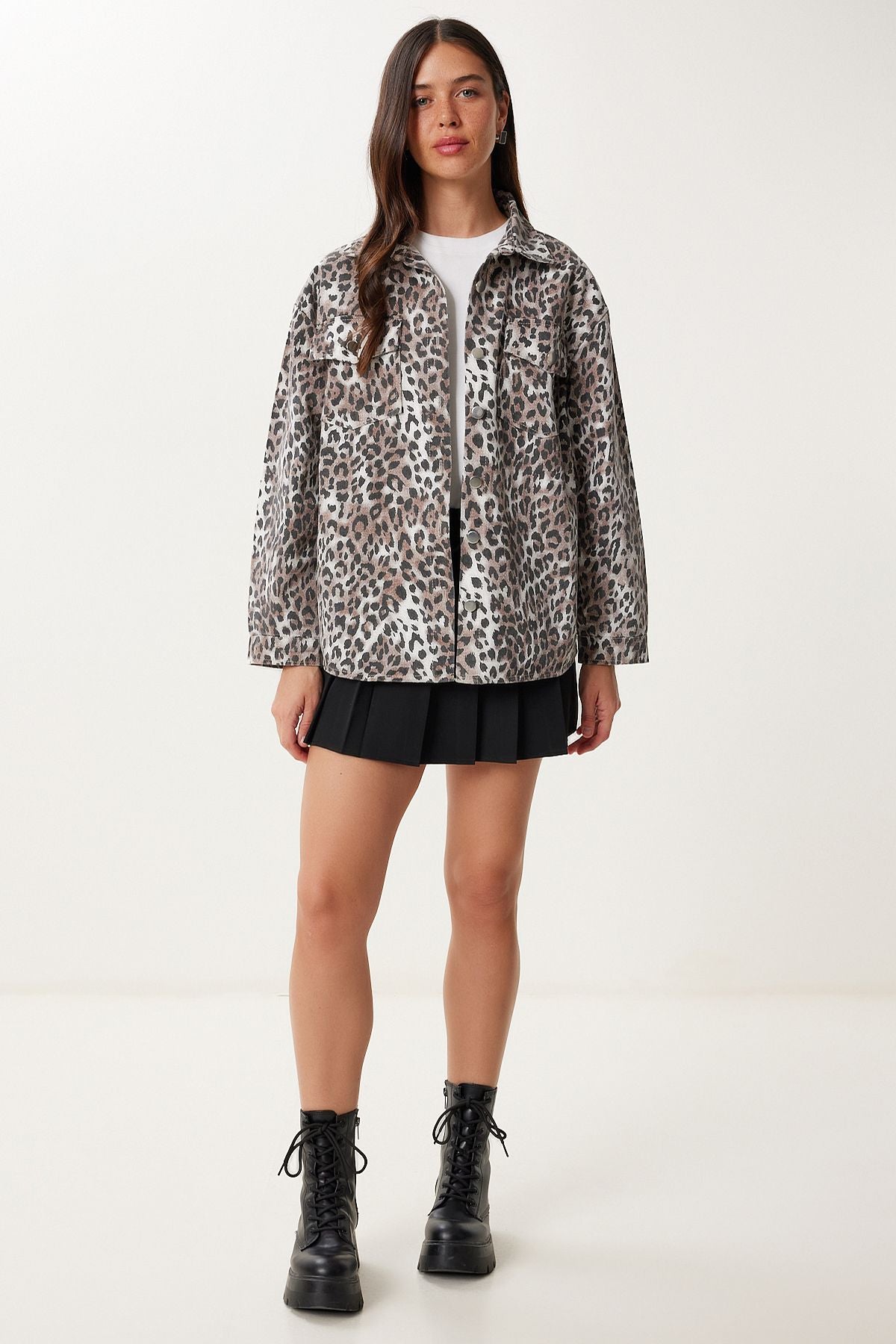 Siyah Kahverengi Leopar Desenli Gabardin Ceket GP00025
