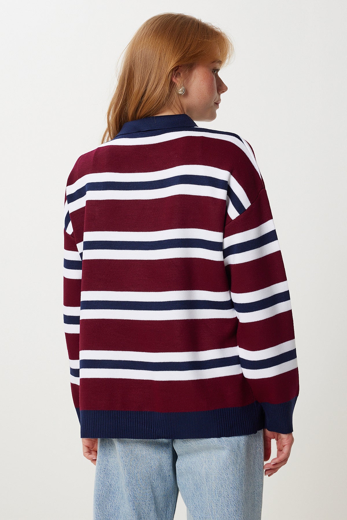 Lacivert Bordo Polo Yaka Çizgili Triko Kazak PF00118