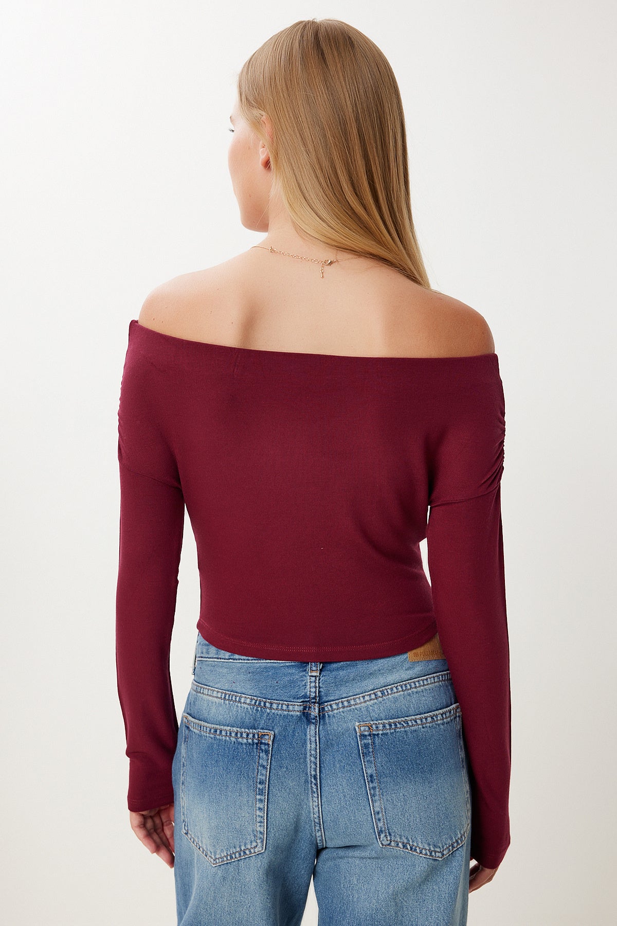 Bordo Büzgülü Kayık Yaka Crop Bluz UB00422