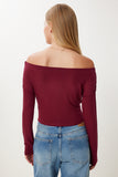 Bordo Büzgülü Kayık Yaka Crop Bluz UB00422
