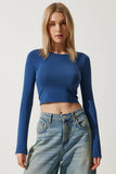 İndigo Mavi Bisiklet Yaka Basic Crop Örme Bluz OW00034
